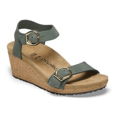 Soley Nubuck Leather Thyme | BIRKENSTOCK Birkenstock Heels, Most Comfortable Sandals, European Shoes, Calf Muscles, Fancy Shoes, Womens Summer Shoes, Pu Heels, Wedge Heel Sandals, Leather Wedge Sandals