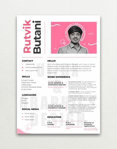 a pink and white resume template with an image of a man on the front page