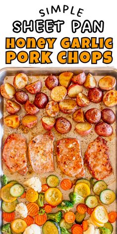 Sheet pan pork chops with garlic and honey Pork Chop Recipes One Pan, Boneless Pork Chop Sheet Pan Recipes, Sheet Pan Boneless Pork Chops, One Pan Pork Chops And Potatoes, Pork Chops And Zucchini Recipes, Pork Chop Sheet Pan Recipes, Sheet Pan Pork Chops And Potatoes, Sheet Pan Dinners Pork Chops, Pork Sheet Pan Dinner