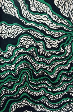 an abstract painting with green and white lines on black paper, in the shape of waves