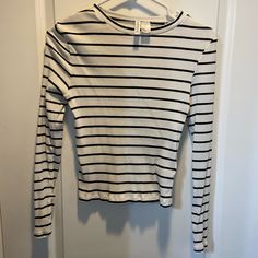 Black And White Striped Long Sleeve Shirt From H&M Never Worn Black And White Long Sleeve Tops For Fall, Black And White Long Sleeve Tops For Spring, Fitted Black And White Long Sleeve Tops, Fitted Long Sleeve Black And White Tops, Black And White Crew Neck Tops For Spring, Fitted Cotton Tops In Black And White, Fitted Black And White Top For Spring, Bday Wishlist, Stripe Long Sleeve