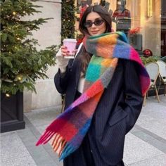 Super Cute And Stylish Ships In 5-10 Business Days Big Scarf Outfit Chunky Scarves, Long Scarf Outfit, Scarfs Outfits, Colorful Scarf Outfit, Big Scarf Outfit, Big Scarves, Photo Moto, Velma Costume, Colorblock Scarf