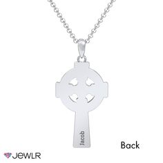 A classic Celtic creation, this cross pendant features stunning Celtic knot details contrasting against a backdrop of black cold enamel. Personalize yours by engraving the back with a meaningful name, date, or word of inspiration. This necklace is available in sterling silver and includes a choice of matching chains. Create a unique gift for yourself, a loved one, or a special occasion. Engraved Stainless Steel Cross Necklaces, Classic Engraved Crucifix Cross Necklace, Stainless Steel Cross Pendant Jewelry For Anniversary, Personalized Cross Pendant Jewelry For Anniversary, Personalized Black Cross Pendant Necklace, Engraved Stainless Steel Cross Pendant Necklace, Personalized White Cross Necklace, Engraved White Gold Cross Necklace As Gift, Engraved White Gold Cross Necklace Gift