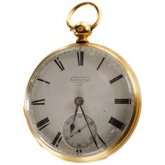 Gorgeous Pocket Watch by James Murray Royal Exchange Key-Operated Movement (NOTE: Key is missing) 18k Yellow Gold Machine-Turned Case 46 mm in Diameter 15 mm Thick Year of Manufacture: 1849 Total Mass = 103.2 grams Gorgeous Antique Piece! Luxury Yellow Gold Pocket Watch For Wedding, Yellow Gold Chronograph Round Watch Accessories, Yellow Gold Chronograph Watch Accessories, Yellow Gold Chronometer Watch Accessory, Yellow Gold Round Chronometer Watch Accessories, Note Key, James Murray, Gongs, Gold Yellow