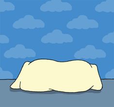 a cartoon character laying on the ground in front of a blue sky with white clouds