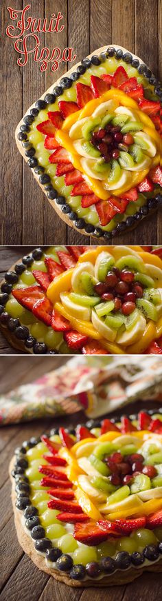 an image of a pie with fruit toppings in it on a wooden table top