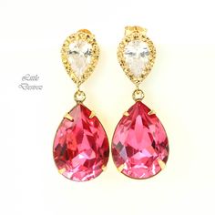 "Pink Earrings Gold Earrings Fuchsia Earrings Hot Pink Earrings  Crystal Cubic Zirconia 16k Gold Plated Magenta Earrings  Beautiful, romantic and sparkling  Hot Pink Teardrop Crystal and Gold Earrings. The versatile crystal emits classic romance with its elegant and timeless, yet modern, appeal.  I made these gorgeous Earrings with: - 18x13mm genuine Rose Pink  teardrop pear shaped fancy stones, set in gold plated settings - Hypoallergenic and tarnish resistant, 16k gold plated pear shaped ear p Pink Earrings For Anniversary, Pink Cubic Zirconia Dangle Earrings, Pink Dangle Earrings With Cubic Zirconia, Pink Pear-shaped Earrings For Anniversary, Pink Pear-shaped Earrings For Gift, Formal Pink Earrings With Ear Wire, Magenta Earrings, Hot Pink Earrings, Classic Romance