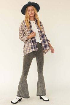 Colorblock plaid shirt. Collared neckline. Button-front closure with tortoise buttons. Long sleeves with buttoned cuffs. Buttoned chest pockets. Frayed, raw-edge detailing throughout. Curved shirttail hem. Loose fit. 100% Cotton. Imported. Designed in LA. Model wears size S. Fall Frayed Hem Button-up Tops, Fall Button-up Tops With Frayed Hem, Casual Plaid Shirt With Button Cuffs, Plaid Shirt With Button Cuffs For Fall, Plaid Cotton Tops With Button Cuffs, Casual Plaid Tops With Button Cuffs, Flannel Snap Button-up Tops, Fall Season Washed Button-up Shirt, Plaid Button-up Shirt With Button Cuffs