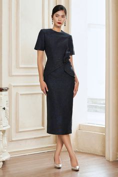 Layla Bodycon Round Neck Brocade Midi Dress | MEAN BLVD Elegant Knee-length Evening Dress With Fitted Bodice, Elegant Short Sleeve Midi Dress For Evening, Formal Midi Length Mother Of The Bride Dress, Elegant Midi-length Mother Of The Bride Dress, Fitted Bodice Knee-length Mother Of The Bride Dress, Knee-length Mother Of The Bride Dress With Fitted Bodice, Formal Knee-length Midi Dress With Fitted Bodice, Elegant Black Midi Dress With Fitted Bodice, Fitted Tea Length Dress For Formal Occasions