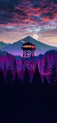 a tall tower sitting in the middle of a forest under a purple and blue sky