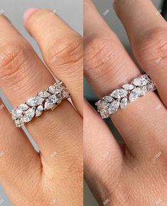 two different views of a diamond ring on someone's hand, one showing the center stone