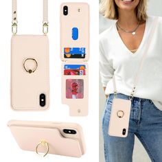 a woman wearing jeans and white shirt holding a phone case next to her purse with two credit cards in it