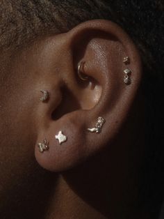 a close up of a person with ear piercings on their ears and behind the ear