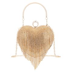 Steal the show with this gold-tone heart shaped clutch. Featuring a metal frame closure, this little gem can be used as a handbag and a shoulder bag.Height: 6"Length: 7"Depth: 2"Upper: Aluminium/ Glass Stone / PolyesterLining: 100% PolyesterGold HardwareClosure: Clasp Metal Evening Bag, Chic Gold Metal Evening Bag, Gold Rhinestone Clutch Fashion Accessory, Gold Metal Bag For Party, Gold Metal Party Bag, Glamorous Metal Evening Bag For Events, Gold Metal Evening Bag For Parties, Gold Metal Evening Bag With Chain Strap, Gold Heart-shaped Formal Bag