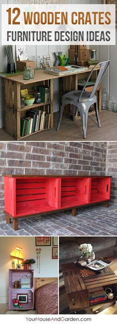 some furniture made out of wooden crates with text overlay that reads 12 wood crate furniture design ideas