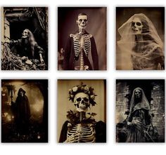 four pictures of skeletons in different styles and sizes, each with a veil on their head