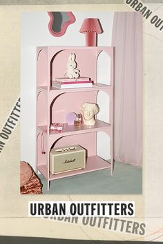 a pink shelf with some items on it and the words urban outfitters written below