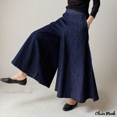 Olivia Mark - Wide-Leg Cowboy Pants with High Waist and Flared Design Denim Bottoms For Fall, Casual Stretch Wide Leg Capris, Denim Wide-leg Pants, Fall Denim Bottoms, Baggy High-waisted Cotton Pants, Non-stretch Cotton Wide Leg Pants, Wide Leg Denim Harem Pants With Pockets, Casual Straight Leg Culottes With Relaxed Fit, Wide Leg Cotton Pants With Loosely Fitted Hips