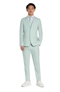 Crisp and smart, this pastel two-piece suit includes flat-front pants, a clip-on tie and traditional detailing to keep your child dapper at any occasion. All three pieces are machine-washable and look ready to wear right out of the dryer. Jacket has notched lapels; three-button cuffs; chest pocket; flap pockets; interior pocket; side vents Trousers have zip fly with hook-and-bar closure; slant pockets; back pockets Jacket is lined Unhemmed 100% polyester Machine wash, tumble dry Imported Spring Fitted Tuxedo For Formal Occasions, Spring Formal Fitted Tuxedo, Tailored Three-piece Suit With Notch Lapel For Spring, Spring Three-piece Suit With Notch Lapel, Elegant Summer Suits With Welt Pockets, Fitted Suits For Spring Formal, Fitted Suits For Spring Formal Occasions, Fitted Suits For Formal Spring Events, Spring Suits With Single Button