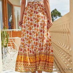 Lasaky - Vintage Red A-Line High-Waisted Skirt with Simple Design and Anti-Slip for Modesty - Knee-Length Midi Skirt Bohemian Skirts, Travel Skirt, Floral Print Midi Skirt, Print Midi Skirt, Langer Rock, Bohemian Print, Casual Wedding Dress, Floral Midi Skirt, Printed Midi Skirt