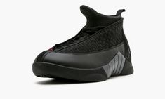 Black leather Air Jordan 15 Retro sneakers from jordan featuring front lace-up fastening, round toe and flat rubber sole.  These styles are supplied by a premium sneaker marketplace.  Stocking only the most sought-after footwear, they source and curate some of the most hard to find sneakers from around the world. Jordans Retro, Jordan 15, Superhero Wallpaper, Sneaker Games, Retro Shoes, Stadium Goods, Retro Sneakers, Air Jordans Retro, Black Knit