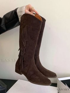 Lasaky - Sophisticated Suede Knee High Boots with Tassels and Round Toe Western Boots With Tassels For Fall, Western Style Boots With Tassels For Fall, Winter Suede Boots With Tassels, Brown Fringe Winter Boots, Chic Fringe Boots For Winter, Fall Tassel Boots With Round Toe, Trendy Boots With Tassels For Fall, Casual Brown Boots With Tassels, Casual Winter Boots With Fringe