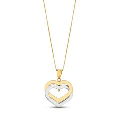 This beautiful 14K yellow gold necklace features two interlocking hearts, one styled in cool 14K white gold for an eye-catching contrast. The pendant sways from an 18-inch box chain that secures with a spring ring clasp. Interlocking Hearts, Double Heart Necklace, 14k Yellow Gold Necklace, Yellow Gold Necklace, Necklace Clasps, Kay Jewelers, Double Heart, Accessories Jewelry Necklace, Box Chain