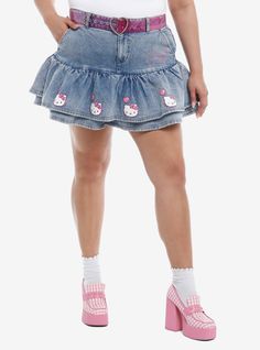 Keep your outfit as sweet as Hello Kitty with this denim mini skirt! It features a flirty ruffle with Hello Kitty and hearts printed all around  plus her signature bow made of rhinestones on one hip. Comes with a matching pink heart belt.99% polyester; 1% elastaneWash cold; dry lowBelt includedImportedModel is 5'10"Model wears size 1 Mini Skirt Plus Size, Heart Belt, Plus Size Hot, Scene Outfits, Skirt Plus Size, Hello Kitty Pink, Tall Hoodies, Plus Size Swim, Plus Size Fits