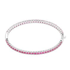 Vibrant round lab-created rubies adorn this alluring bangle fashioned in classic sterling silver. The bracelet measures 7.25 inches and secures with a box clasp. Pink Ruby Round Bracelets, Elegant Pink Sterling Silver Round Bracelet, Flexible Sterling Silver Round Bracelet, Ruby Bangles, Kay Jewelers, Box Clasp, Loose Stones, Ruby Stone, Bracelet Clasps