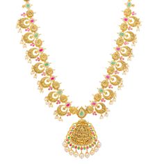 The exquisite 22k Indian gold used to create this temple necklace is embedded with a colorful assortment of gemstones and beautiful pearls. This charming piece of Indian gold jewelry is 28 inches in length and weighs 94.8 grams. Adorning yourself with beauty that is this 22k gold necklace is perfect for cultural occasions and events. Features • 22k yellow gold • Emerald • Engraved details • Cubic zirconia • Pearls As a leading gold Indian jewelry store in the USA, we are proud to offer a wide se Gold Indian Jewelry, Temple Necklace, Indian Gold Jewelry, 22k Gold Necklace, Gold Bead Necklace, Gold Jewelry Indian, Multi Stone, 22k Gold, Cz Stone