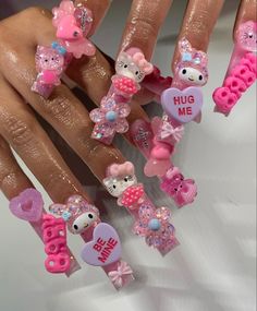 Hello Kitty Nail Decals, Mythical Nails, Nails With A Lot Of Charms, Hello Kitty Nails, Acrylic Nails Coffin Pink