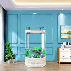 a fish tank filled with plants on top of a wooden table next to a dresser