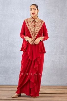 Shop for Torani Red Silk Crepe Sindoori Saroja Shirt And Dhoti Skirt Set for Women Online at Aza Fashions Dhoti Skirt Outfits, Dhoti Design, Dhoti Skirt, Yoke Shirt, Indo Western Dress, Dress Design Patterns, Beautiful Dress Designs, Draped Skirt, Designer Dresses Casual