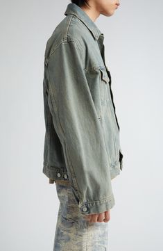 A faded wash and light distressing bring an instant lived-in look to this trucker jacket crafted in an oversized fit from nonstretch denim. 26" length (size XX-Small/X-Small) Front button closure Spread collar Button cuffs Chest button-flap patch pockets; front welt pockets Adjustable button side tabs 100% cotton Machine wash, tumble dry Made in Italy Designer Clothing Faded Relaxed Fit Denim Jacket For Spring, Spring Faded Relaxed Fit Denim Jacket, Relaxed Fit Faded Washed Outerwear, Acid Wash Relaxed Fit Denim Jacket, Stonewashed Relaxed Fit Denim Jacket For Spring, Spring Stonewashed Relaxed Fit Denim Jacket, Oversized Faded Washed Outerwear, Relaxed Fit Distressed Washed Blue Denim Jacket, Relaxed Fit Washed Blue Distressed Denim Jacket