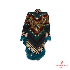 Native American poncho, inspired by Geometric Designs of the Andes, handmade. Experience the freedom of movement and the soft, smooth material. Ecuadorian artisans make these ponchos in the Andes with ancient techniques and unique designs. These luxurious alpaca wool ponchos will keep you warm through winter and fall in style. Ideal for camping or on cold winter nights. This poncho fits medium to large size people. It is a standard size and fits most. Give an Alpaca Poncho. Surprise the ones you love the most with this alpaca gift! PRODUCT DETAILS: - It is thermal and insulating, so it maintains body temperature very well, regardless of external conditions and the type of environment. MEASURES: - Bell height: 33 cm - 13 inches - Shoulder width: 44 Cm - 17 Inches - Body height: 88 Cm - 35 I Bohemian Alpaca Shawl Cape, Bohemian Alpaca Cape For Winter, Winter Festival Shawl Cape, Bohemian Alpaca Shawl For Winter, Bohemian Blue Cape Poncho, Blue Winter Festival Poncho, Blue Bohemian Winter Cape, Bohemian Alpaca Poncho, Long Sleeve Alpaca Bohemian Poncho