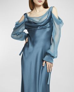 Alberta Ferretti Cold-Shoulder Cowl Satin Gown Acotar Fanfic, Loungewear Brand, Opera Dress, Satin Sleeves, Couture Gown, Chiffon Sleeves, Silk Chiffon Dress, Satin Gown, Chiffon Gown