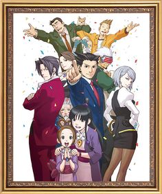 an anime poster with many people posing for the camera and one person pointing at something