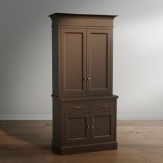 a tall brown cabinet sitting on top of a hard wood floor