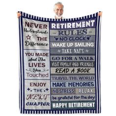 an old man is holding up a poster with the words retirement and rules on it