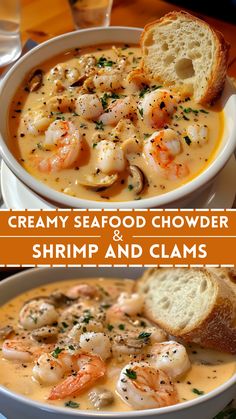 Creamy Seafood Chowder with Shrimp and Clams Shrimp And Scallop Soup Recipes, Seafood Recipes For Dinner, Best Seafood Chowder Recipe, Seafood Delight, Baked Pasta Dishes, Seafood Dinner Recipes, Cozy Dinners, Vegetarian Slow Cooker Recipes