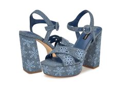 Nine West Vallen - Women's Sandals : Blue Denim : Stay in the limelight as you flaunt your glamorous look wearing the Nine West Vallen Sandals. The footwear features high block heels with crisscross upper straps and buckle adjustable ankle strap for a secure fit. Synthetic rubber outsole. Imported. Measurements: Heel Height: 4 1 8 in Weight: 1 lb Platform Height: 1 1 2 in Product measurements were taken using size 7, width M. Please note that measurements may vary by size. High Block Heels, Blue Sandals, Synthetic Rubber, Womens Heels, Women's Sandals, Product Reviews, Nine West, Shopping Cart, Shoes Women Heels