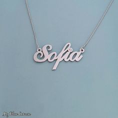 Order any single name or word, for your new 14k White Gold Sofia style name necklace!  If you would like to add Genuine Swarovski Birthstone for the dot of the i, or the first capital letter, choose this option in the menu provided. * Nameplate and chain are all Solid 14k White Gold. Stamped 14k for authenticity. * First capital letter is exactly 11mm (0.4 inches). Standard Size name necklace. * Nameplate is 0.8 high quality thickness, or my double premium upgraded 1.1mm thickness. * In the lead Silver Name Necklace With Initial Pendant, Fine Jewelry Silver Name Necklace With Initial Pendant, Silver Fine Jewelry Name Necklace With Initial Pendant, Classic White Gold Name Necklace, Formal Personalized Initial Pendant Name Necklace, Formal Sterling Silver Name Necklace, Personalized Nameplate Jewelry With Polished Finish, Personalized White Gold Fine Jewelry Necklace, White Gold Nameplate Jewelry With Names