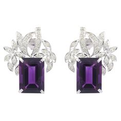 Statement Amethyst Diamond Stud Earrings in 18K Gold to make a statement with your look. You shall need stud earrings to make a statement with your look. These earrings create a sparkling, luxurious look featuring octagon cut amethyst. Amethyst helps to relieve stress and anxiety in your life. Designed with octagon cut amethyst with diamonds on making flowers on top of amethyst studded in solid gold. This beautiful handcrafted amethyst stud earrings are great birthday gift or anniversary gift or Emerald Diamond Earrings, White Gold Diamond Earrings, Vintage Stud Earrings, Amethyst Studs, Wedding Bridesmaid Jewelry, Gemstone Stud Earrings, Gold Diamond Earrings, Expensive Jewelry, Diamond Stud Earrings