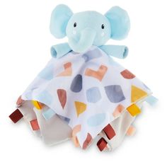 an elephant toy wrapped in a blanket on top of a white background with multicolored shapes