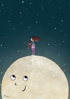 a girl standing on top of a large moon with her arms around the head, looking up at the sky