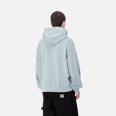 Color: Dusty Ice - The Hooded Vista Sweatshirt is constructed from heavyweight cotton jersey, which has been brushed for a fleece-like backing. This style is cut in a balloon fit, which is a little looser and boxier, but also characterized by dropped shoulders and ribbed trims. Additionally, the style has been garment-dyed, giving it a washed yet saturated hue. A quilted and adjustable hood offers insulation, and a woven Square Label, rendered murky by the garment-dyeing process, appears on the Faded Cotton Hooded Hoodie, Winter Soft-washed Hooded Hoodie, Light Blue Carhartt Hoodie, Carhartt Hooded Jacket, Faded Soft-washed Hooded Hoodie, Carhartt Wip, Dyeing Process, Swim Shorts, Kangaroo Pocket