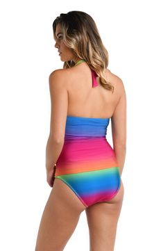 Elevate your beach style with this swimsuit featuring a stunning ombre rainbow multicolored print, reminiscent of sunlit skies and joyful vibes. Styled with a deep, plunging neckline, this suit features halter straps that bring balance to your shoulders. Built-in cups and straps that tie around the neck lift and separate for just-right support. Offering the mix-and-match versatility of a bikini with the coverage of a one-piece suit, it's destined to be your go-to this season. [split] Details Hal Neck Lift, Halter Top Tankini, Swimsuit Material, Halter Tankini, Setting Sun, Ladies Tee Shirts, One Piece Suit, Sun Tan, Tankini Top