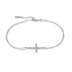 Discover the serene beauty of our Sterling Silver Divine Cross Bracelet, a delicate symbol of faith and spirituality crafted in pure 925 sterling silver. This bracelet is a testament to your devotion, perfect for commemorating significant religious milestones such as baptisms and confirmations. The elegant cross charm, adorned with a fine line of cubic zirconia, adds a gentle sparkle, reminiscent of divine light. Ideal for those who cherish harmony in their accessories, this bracelet pairs beaut Elegant White Promise Bracelet, Elegant Rosary Bracelet With Cross For Gift, Elegant Cross Rosary Bracelet As Gift, Spiritual White Gold Bracelet, Sterling Silver Jubilee Bracelet For Promise, Delicate Sterling Silver Bracelets In Silver Color, Dainty Silver Bracelets For Promise, Dainty Silver Promise Bracelets, Sterling Silver Spiritual Bracelet