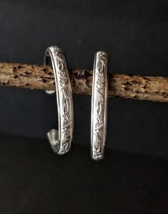 "I Hand make these Solid .925 Sterling Silver Hoop Earrings. Each earring is Individually handmade using only hand tools. Then finished with multiple applications of sanding/smoothing and Hand Polishing to get the finish just right.  These Earrings are made especially for you based on your Choice of the sizes listed.  Then Shipped the next day after completed.  💟 MATERIAL DETAILS: ---  All Handmade Sterling Silver post ear wires --- Handcrafted and Hammered Sterling Silver Hoops  --- Embossed P Antique Silver Engraved Earrings Gift, Antique Silver Engraved Earrings For Gift, Engraved Sterling Silver Adjustable Earrings, Silver Heirloom Earrings Gift, Heirloom Sterling Silver Earrings, Heirloom Silver Earrings For Gift, Heirloom Engraved Earrings As Gift, Vintage Sterling Silver Etched Earrings, Vintage Etched Sterling Silver Earrings