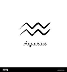 the word aquarius written in black ink on a white background with waves and lines